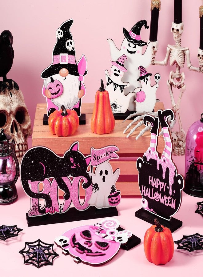 Blosssound 5 Pcs Halloween Table Signs Decor Happy Boo Day Wooden Sign Black and Pink Spooky Gnome Cat Pumpkin Ghost Witch Centerpieces for Halloween Indoor Home Table Party Decorations - Image 4